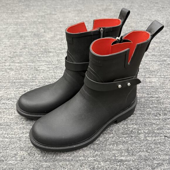 Rag & Bone Moto Rubber Rain Boots Women US 7.5 38 Black Red Lining Ankle Booties - Picture 4 of 13